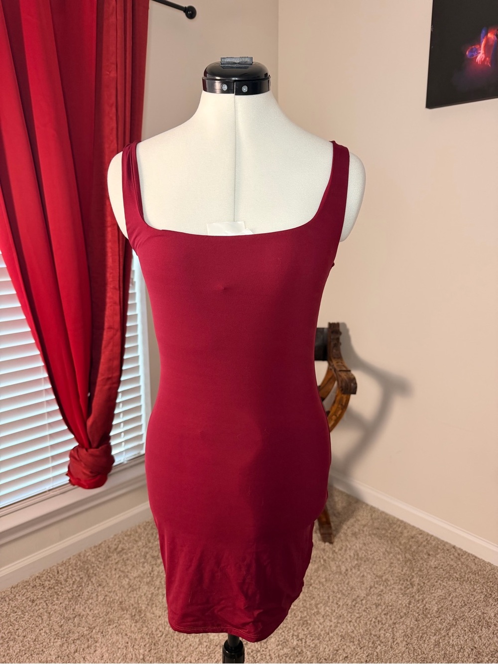 Naked Wardrobe Burgundy Square-Neck Mini Bodycon Dress